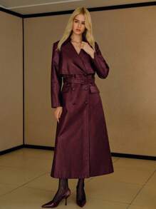 MOTF PREMIUM Áo khoác dạ hai hàng khuy thắt lưng da PU - Màu Đỏ Sâu - Xem 3