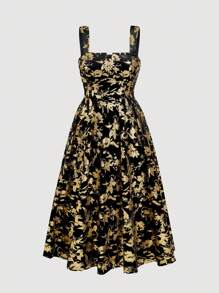 SHEIN MOD 大码复古黑色天鹅绒烫花长裙、派对礼服、闪亮面料、女士夏/秋装连衣裙、生日礼服、优雅派对礼服、女士生日礼服、派对、万圣节服装