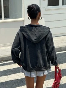 Muchica 女士休闲黑色连帽拉链运动衫 - 黑色 - 查看 3