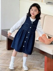 Genkimix Kids 2 pezzi Set di Vestito Salopette in Jeans e Maglietta Bianca a Maniche Lunghe per Ragazze, Abbigliamento per il Ritorno a Scuola, Divisa Scolastica, Outfit per il Ritorno a Scuola dei Bambini - Blu Navy - Visualizzare 3