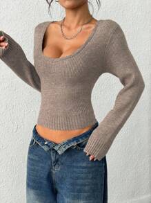 Jouncy Women's Casual Solid Color Simple Round Neck Knit Sweater Fall Winter Cloth For Women - Khaki - View 3