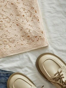 Travachic 女士纯色圆领无袖单排扣休闲镂空针织上衣 - 米色 - 查看 5