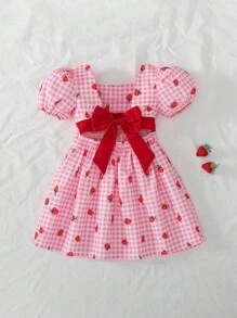 SHEIN Elladie kids 女童甜美纯色泡泡袖连衣裙，可拆卸蝴蝶结，夏季休闲度假装