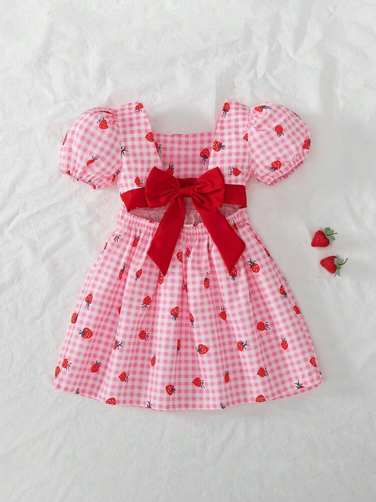 SHEIN Elladie kids Vestido de niña de unicolor dulce con mangas abullonadas y moño desmontable, ropa casual de vacaciones para el verano - Rosa - Añade 3