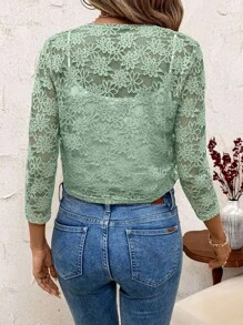 SHEIN Clasi Women's Floral Lace 3/4 Sleeve Open Front Cropped Lightweight Jacket In Fall/Winter - Mint Green - View 2