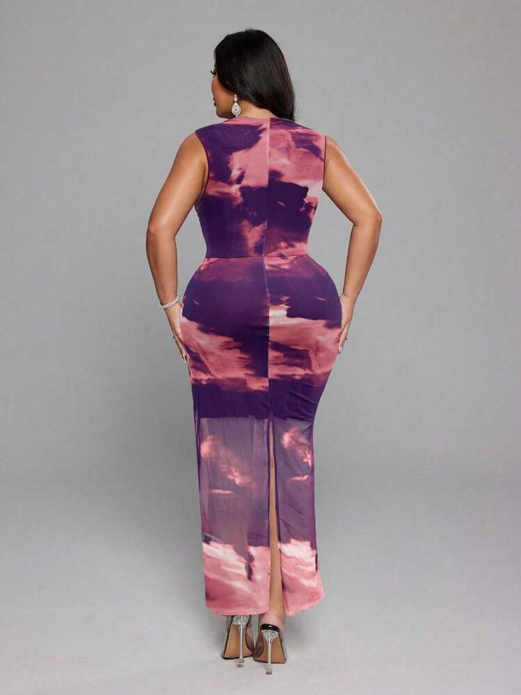 SHEIN LUNE Plus Size Women's Digital Print Pleated Mesh Overlay Dress - Multicolor - View 2