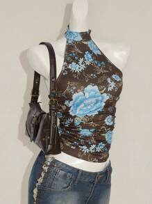 SHEIN ICON Y2K 夏季外出波西米亚西部乡村音乐会女式性感露背花卉印花挂脖上衣，夏季 - 棕色 - 查看 6