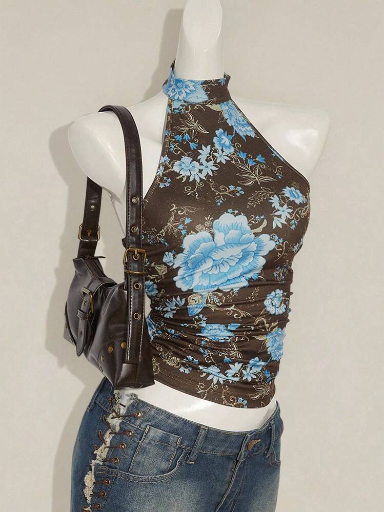 SHEIN ICON Y2K 夏季外出波西米亚西部乡村音乐会女式性感露背花卉印花挂脖上衣，夏季 - 棕色 - 查看 6