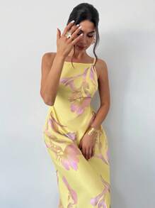 Firerie 女士纯色休闲细肩带露背花卉印花宽松夏威夷度假太阳裙，黄色黄油黄色女士夏季连衣裙 - 黃色 - 查看 6