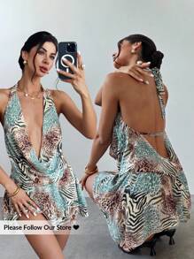 Firerie 女士新款优雅露背吊带豹纹连衣裙,节日时尚/7 月 4 日服装/六月节服装/海滩度假服装/夏季服装/毕业服装/茶会服装/优雅露背/女士沙滩装/沙滩裙/鼠尾草绿色连衣裙/ - 彩色 - 查看 2