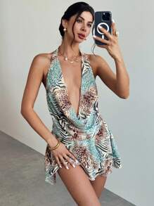 Firerie 女士新款优雅露背吊带豹纹连衣裙,节日时尚/7 月 4 日服装/六月节服装/海滩度假服装/夏季服装/毕业服装/茶会服装/优雅露背/女士沙滩装/沙滩裙/鼠尾草绿色连衣裙/ - 彩色 - 查看 5