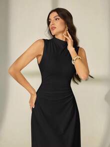 SHEIN Tall 情人节新款白色立领无袖褶皱 A 字长裙，优雅浪漫约会和工作装，女士夏季连衣裙，茶会礼服，白色毕业礼服 - 黑色 - 查看 4