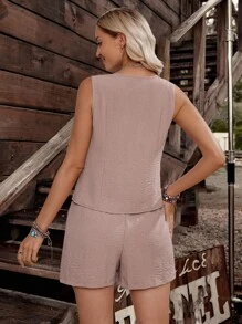 Breezaya Set Rompi dan Celana Pendek Desain Asimetris Longgar untuk Liburan Musim Panas - Khaki - View 2