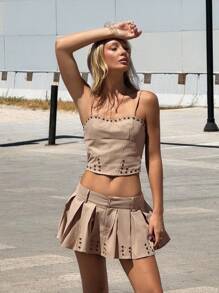 SHEIN ICON Conjunto de top de tirantes y falda plisada para mujer - Marrón - Ver 4