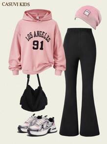 SHEIN Explorewe 2pcs/Set Tween Girls Pink Hoodie With Los Angeles Graphic And Black Flare Pants, Collegiate Style - Pink - View 5