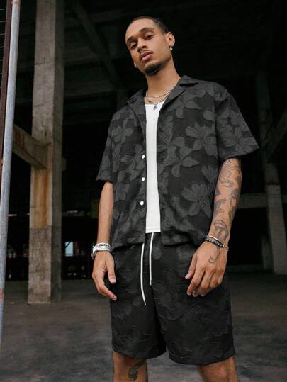 PAVTROS Manfinity Streetrush Men's Light Blue Denim Effect Cutout Textured Fabric Shirt Set Men Summer Outfits 2 Pieces Set Men Men Street Wear Shirt Floral Shirt Men Men Matching Set