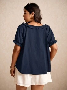 Elaquor Plus Size Women's Solid Color Frill Trim Round Neck Single-Breasted Short Sleeve Casual Shirt Spring To Summer - Navy Blue - View 3