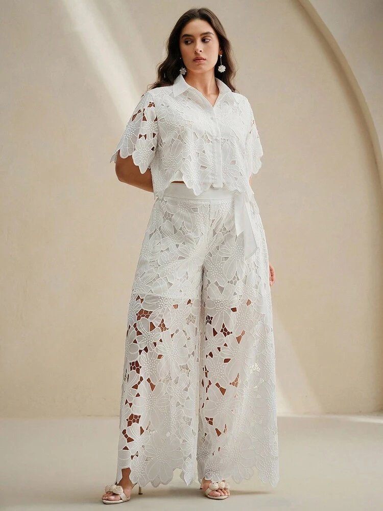 Women's Elegant New Lace Plus Size Outfit, Includes Wide Leg Pants, Stylish Spring/Summer Set