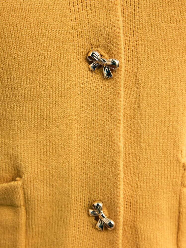 SHEIN Maija Women's Versatile Modern Urban Fashion Essential Round Neck Front Open Hem Cuff Ombre Yarn Design With Metal Decoration Business Casual Office Wear Low-Key Vintage Vibe High-End Urban Commute Yellow Cardigan In Fall/Winter