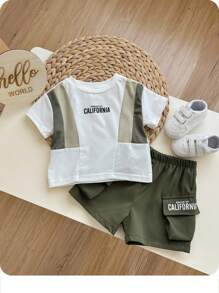 Ensemble Décontracté Pour Bébé Garçon À Col Rond Ample, Avec Lettre Et Imprimé À Blocs De Couleurs, T-shirt À Manches Courtes Et Short - Multicolore - Voir 1