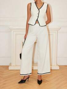 SHEIN PETITE Women's White And Black Summer Elegant 2 Pieces Suit Vest And Pants Set,Wavy Hem Jacket With Loose Straight Wide Leg Pants For Brunch Business Casual - Apricot - View 1