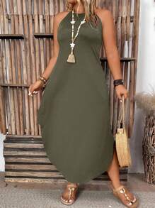 EMERY ROSE Plus Size Women's Solid Color Simple Daily Open Shoulder Dress Maxi Women Outfit - Green - View 1