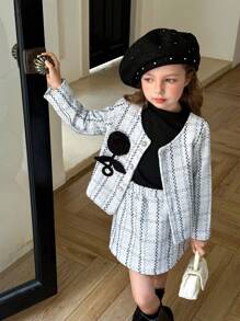 3 Stücke/Set Mädchen Karosakko, Rock & Rippstrick Rollkragenpullover mit Langarm, geeignet für Partys, Schule, Straßenmode, jede Gelegenheit - Verschiedenfarbig - Übersicht 3