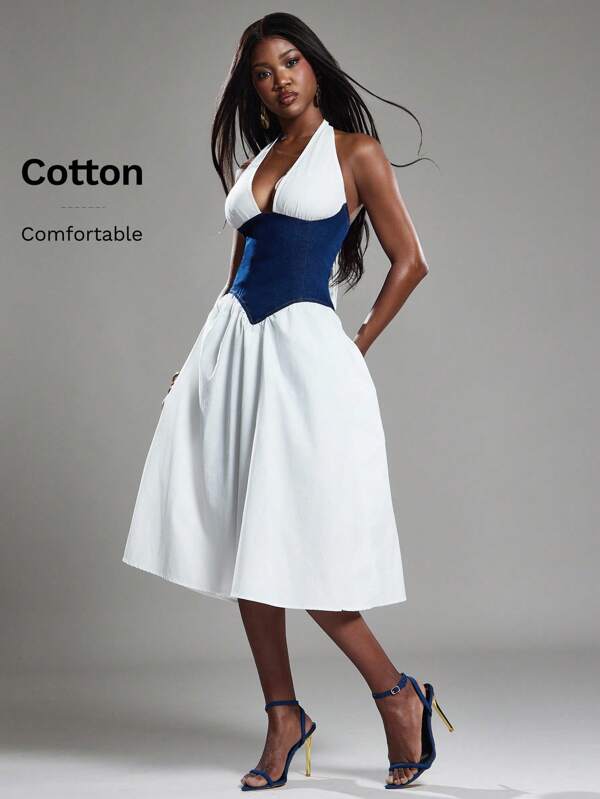 NYA SZN Dress Deep Plunge Halter Neck Corset Denim Detail Event Brunch Date Wedding Guest Bridal Party Spring Summer Dresses For Women