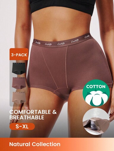 LUVLETTE 3-Pack Women Airy Comfortable Cotton Basic Logo High-Rise Boyshorts-Earthy Tones Underwear Boxers Also Suitable For Teen Girl & Young