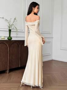 EastFlair Women's Floral Print Off Shoulder Split Fishtail Hem Fitted Dress Wedding Guest Dress Women Birthday Dresses For Women