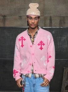 AXEPEAK Áo len nam tay dài cài nút phía trước thời trang thường ngày, áo khoác cardigan màu hồng, cho mùa thu đông - Hồng - Xem 4