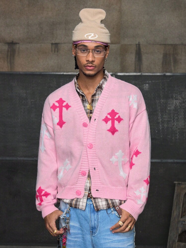 AXEPEAK 休闲时尚纽扣前开长袖男士毛衣，粉色开衫，适合秋冬 - 粉色 - 查看 4