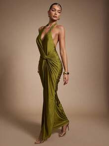 Hauture Vestido largo de satén verde oliva con escote halter cruzado al frente para salir de noche en verano - Verde - Ver 6
