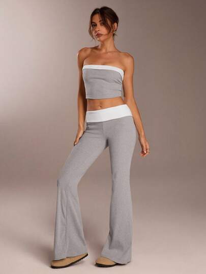 SHEIN Forever 21 Soft Knitted Grey Two-Piece Outfit For Women, Featuring A Strapless Cropped Top And Matching Comfortable Flared Pants. This Versatile Casual Co-Ord Set With Contrast Details Is Ideal For Lounging.