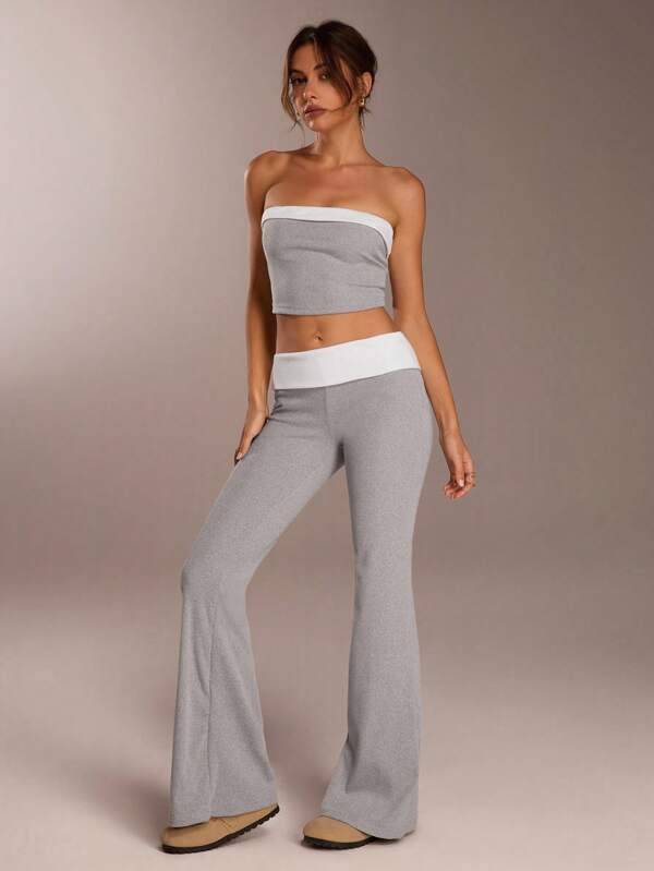SHEIN Forever 21 Soft Knitted Grey Two-Piece Outfit For Women, Featuring A Strapless Cropped Top And Matching Comfortable Flared Pants. This Versatile Casual Co-Ord Set With Contrast Details Is Ideal For Lounging.