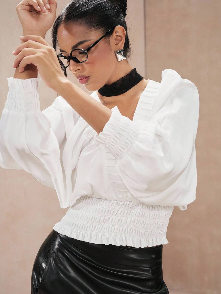 SHEIN Unity Women's Regular Woven Long Sleeve V-Neck Batwing Sleeve Elastic Hem Fashion Versatile Solid Color Blouse, Spring/Summer - White - View 1
