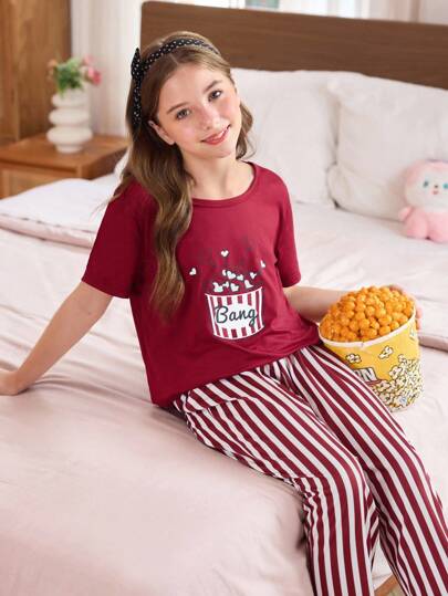 SHEIN Heart Print Short Sleeve Striped Shorts Girls Pajama Set