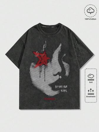 Grunge Punk Camiseta de manga corta con retrato y lavado ácido para hombres, adecuada para uso diario en primavera/verano
