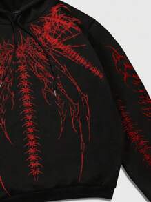 ROMWE MEN Goth Men's Drop Shoulder Long Sleeve Drawstring Hoodie, Loose Fit Fleece Sweatshirt , Fall Winter - Black - View 5