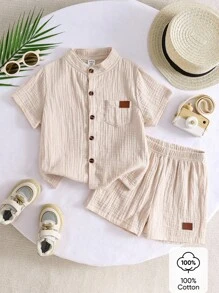 SHEIN Genkimix Kids 2pcs Set Casual Minimalist Striped Collar Short Sleeve Shirt And Shorts, Suitable For Daily Wear, Vacation, College, Summer Getaway, Holiday, Travel, Relax, Sunbathing, Back To School Season