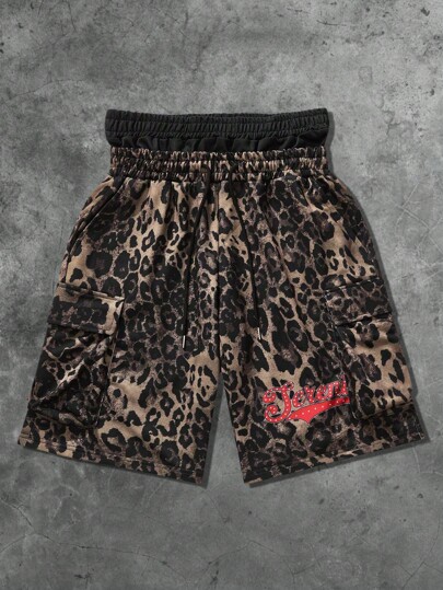 Grunge Punk Pantaloncini unisex in stile streetwear con doppia vita, texture leopardata e stampa grafica inglese