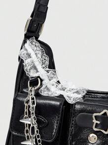 ROMWE Grunge Punk 蕾丝腋下包，休闲时尚百搭女士单肩包 - 黑色 - 查看 5