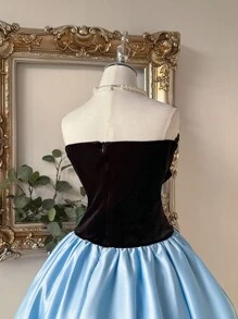SHEIN Belle Elegant, Romantic, Black & Blue Satin Strapless Tube Bow Decor Dress, Birthday Party Prom Wedding Guest Dress