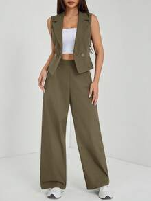 SHEIN PETITE Setelan Musim Gugur Dua Potong 2pcs/Set Wanita Atasan Tanpa Lengan dan Celana Warna Polos, Pakaian Musim Gugur untuk Wanita Bertubuh Mungil - Hijau Tentara - View 4