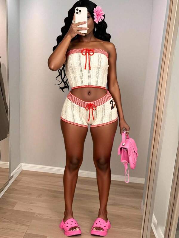 Slaydiva 2025新款夏季休闲度假套装，适合日常街头约会、生日派对、旅行季、邮轮派对、海滩派对等场合，性感Y2K风，网络爆款热销，学院风，街头女孩范儿，无肩带蝴蝶结装饰，编织纹理，羊毛短款上衣+超短裤，修身长裤，热裤，红色滚边装饰，23颗亮片，海豹图案装饰，羊毛套装，沙滩装，女士毛衣两件套，秋冬Y2K风两件套