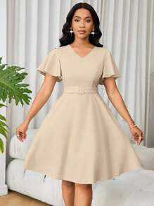 Eryvara 女士优雅纯色A字连衣裙，夏季 - 卡其色 - 查看 6