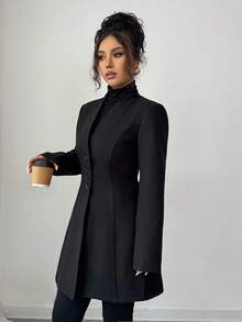 SHEIN Tall 女士休闲立领羊毛混纺修身夹克 - 黑色 - 查看 4