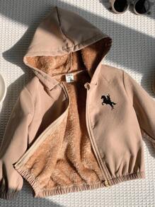 SHEIN 男女通用婴儿休闲连帽羊毛外套，卡其色，适合男婴和女婴，秋冬季