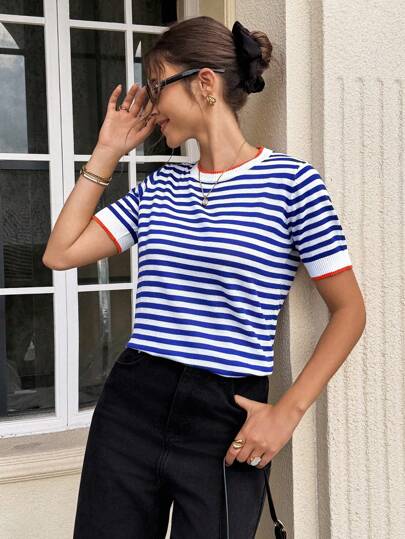 Serisse Striped Pattern Knit Top,Knitted Sweater Summer Casual