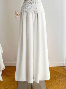 Chiquease Women's 2pcs Set, Hollow Embroidered Patchwork, Bubble Fabric, Solid Color, Fitted, Spaghetti Strap, Sleeveless, Chest Pleated, Open Back, Bowknot Back, Drawstring Waist, Real Pockets, Pleated, Hand-Threaded, Holiday, Festival, Elegant, Casual, Minimalist, Commute, Bohemian Holiday Style, Romantic, Sexy, Luxurious, Women's Spring/Summer Camisole, Women's Spring/Summer Pants, Women's Spring/Summer 2pcs Set All White Clothes For University - White - View 7